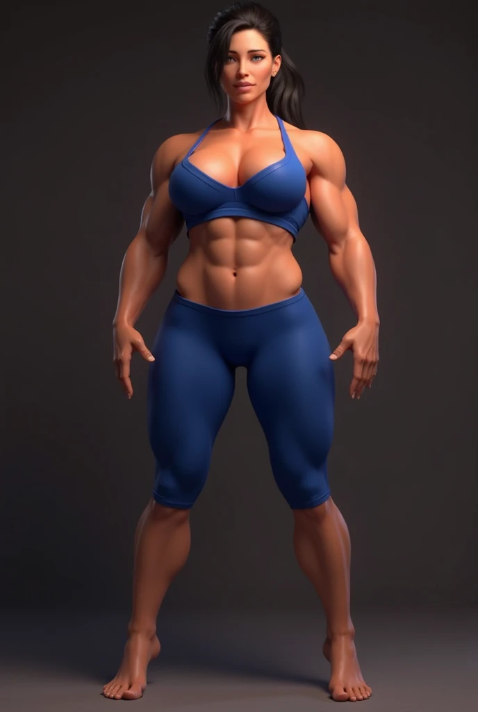 Brbnetka, big muscles sexy women with well-pumped 8-pack abs, very big pumped muscles ,  very big booty , in a blue sports bra and leggings,  with very large breasts , in full height