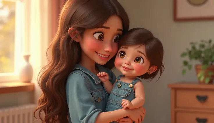  A girl with long curly brown hair ,  in a blue homemade suit holds an eight-month-old girl in her arms, the girl has short brown hair ,  They smile . Pixar   