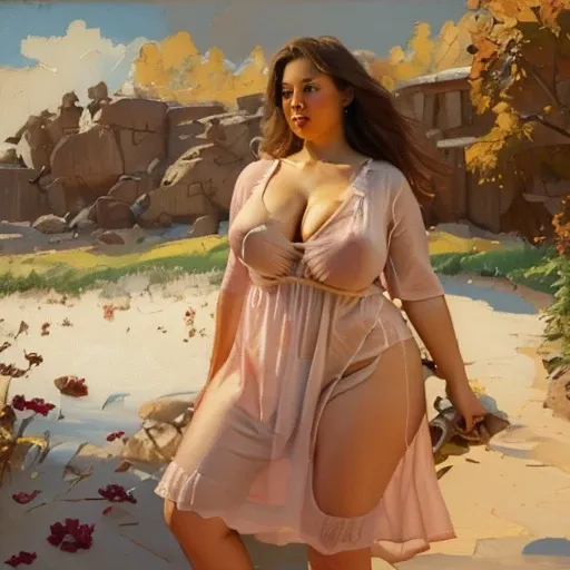 aroused full-figured bbw prostitute wearing a nightgown, amorous, libidinous, curvaceous, voluptuous, matronly oppai proportions, fair skin, big sagging boobs, narrow waist, wide hips, thunder thighs, grimdark fantasy RPG aesthetic, dungeon setting, in the...