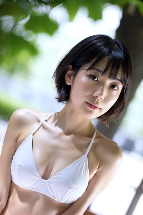 {{ LOW ANGLE SHOT}}、35-year-old Japanese woman with beautiful breasts and short black hair、whole body、8K quality、 white bikini