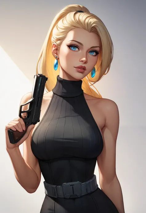 female black sleeveless turtleneck, bare shoulders, racerback, bare toned arms, beautiful faces, blonde ponytail with showing forehead, long ponytail, earrings, soft smooth skin, pale skin, white background, blue eyes, sci-fi, high contrast, glossy lips, e...