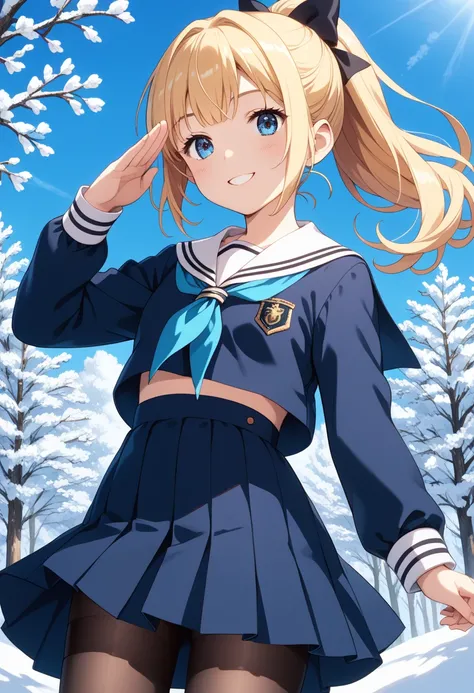 (Front angle, looking at the viewer) A girl wearing a muffler, (wearing a dark blue sailor uniform,which is winter) clothing. winter, morning、Greeting scene 　Standing at the School Gate beautiful anime style portrait　 detailed portrait of a beautiful anime...