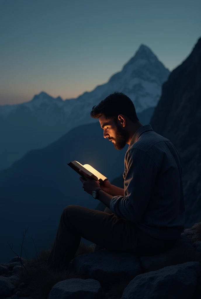 A background of a man sitting on a dark evening high mountain reading the Bible 