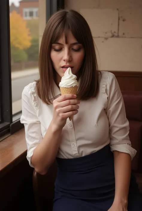 extra close up face , Side view,  sitting chair, right hand is eating vanilla soft ice cream, in London restaurant,  name is Jessica, 22-age, (White English, brown middle hair, fringe,  closed eyes,  wide opened mouth , tongue out of mouth ) , (88 cm bust,...