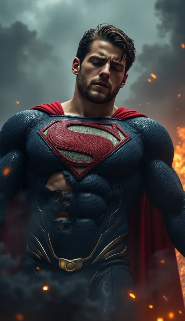 attractive European Man, ericjanicki, Handsome, blue coloured eyes, short brunette hair,, A weakened and exhausted Superman , pained facial expression, almost unconscious, with his mouth slightly open and his eyes closed, head down. the suit is notably dam...