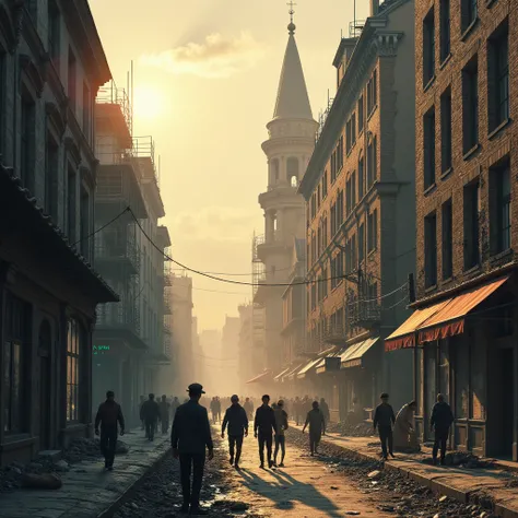 Recovering Budapest after the war :  A depiction of post-war Budapest ,  with buildings partially destroyed but showing signs of reconstruction,  in an atmosphere of hope under the light of dawn .

