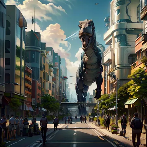 (((rex_Dinosaur))), therapod, futurecity, day, a bustling city street filled with people walking and riding bicycles. The street is lined with tall buildings, creating a futuristic atmosphere. There are numerous people walking along the sidewalk, some carr...