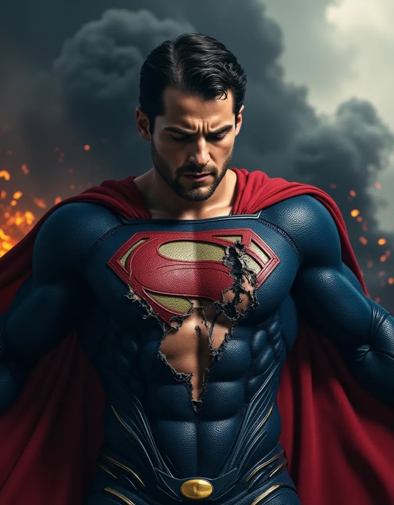 attractive European Man, ericjanicki, Handsome, blue coloured eyes, short brunette hair,, A weakened and exhausted Superman , pained facial expression, almost unconscious, with his mouth slightly open and his eyes closed, head down. the suit is notably dam...