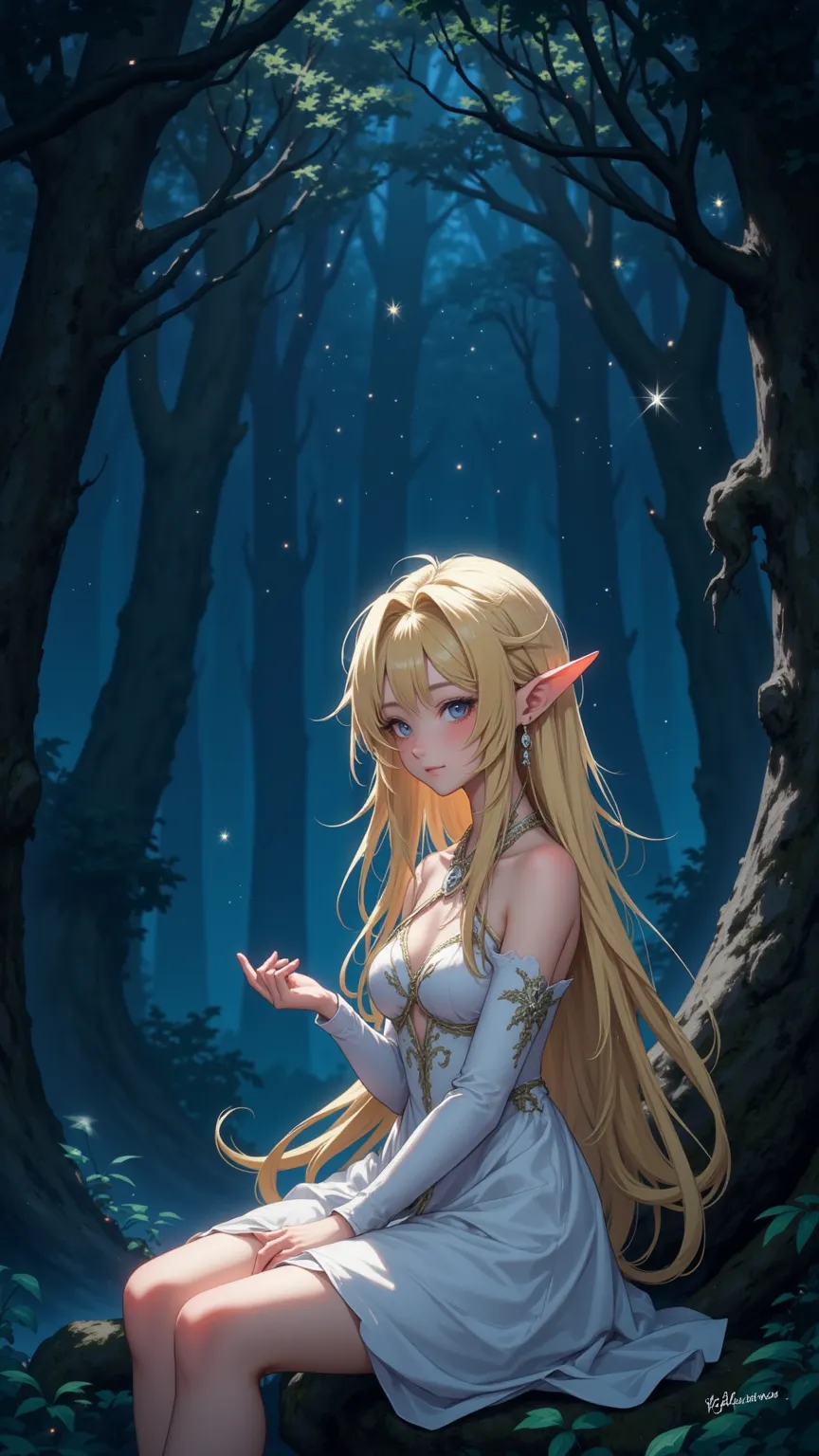  in the mysterious atmosphere of the forest of elves ， A charming elf in a white dress elegantly sits ， under the illumination of mysterious sparks exuding charm。 Blonde Hair，Akiba，Stars shining in the night 。