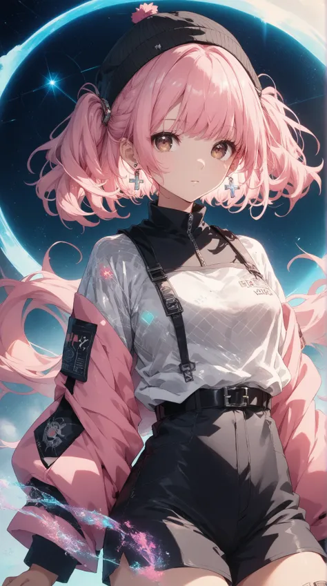 A cheerful anime girl with long, pastel pink hair styled in twin tails, accessorized with a small black beanie and delicate cross earrings. The glow of nearby stars reflects softly on her face. She wears a sleek, form-fitting white top with subtle grid pat...