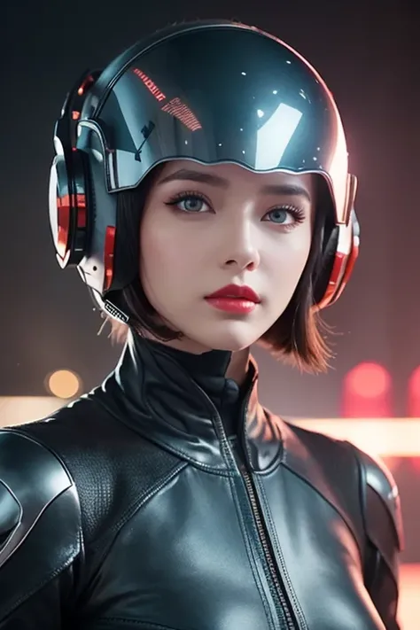  close-up of a woman wearing a futuristic helmet and red lipstick, Cyberpunk Jackie Wells, cgsociety 9,  style for stilets = Retro futuristic ,  beautiful android woman ,   female android ,  retro futuristic fashion , movie「 Blade Runner 」Still image of, F...