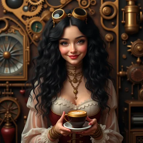 long black-curly young woman, Valentine's Day, steampunk outfit, holding a cup of coffee, smile, 