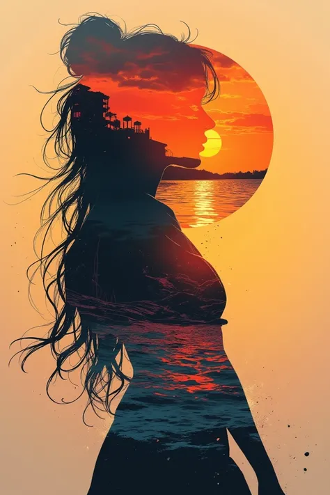 high quality，8k Ultra HD，Beautiful Double Exposure，Combining the silhouette of the goddess with the sunset coast， Sunset coast should be used as a ground layer background，Details are integrated into the silhouette of the goddess， clear lines ，The backgroun...