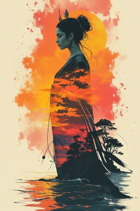 high quality，8k Ultra HD，Beautiful Double Exposure，Combining the silhouette of the goddess with the sunset coast， Sunset coast should be used as a ground layer background，Details are integrated into the silhouette of the goddess， clear lines ，The backgroun...