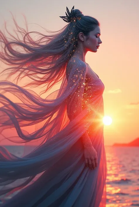  high quality, 8k Ultra HD,  Beautiful double exposure that combines the silhouette of the goddess with the sunset coast, with the sunset coast as a backdrop with details included in the goddess, sharp lines, monochrome background, sharp focus, double expo...