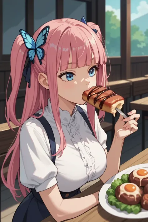 score_9, score_8_up, score_7_up, source_anime, long hair, bangs, blue eyes, hair ornament, hair ribbon, pink hair, blunt bangs, two side up, butterfly hair ornament, large breasts, anime screencap, boned meat, holding, food, eating, holding food,, ,