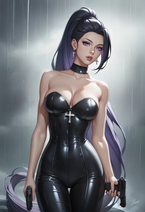 female black strapless dress, black long latex tight pants, bare shoulders, racerback, bare toned arms, beautiful faces, black ponytail with showing forehead, long ponytail, cross black earrings, soft smooth skin, pale skin, rain background, purple eyes, s...