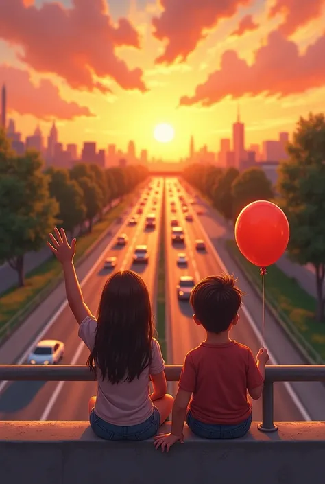 A 15-year-old teenage girl and boy are sitting on a pedestrian bridge, looking at the cars on the highway under the bridge at sunset. The image is cartoonish and fantasy. They wave to those passing by in cars. The girl is holding a balloon.