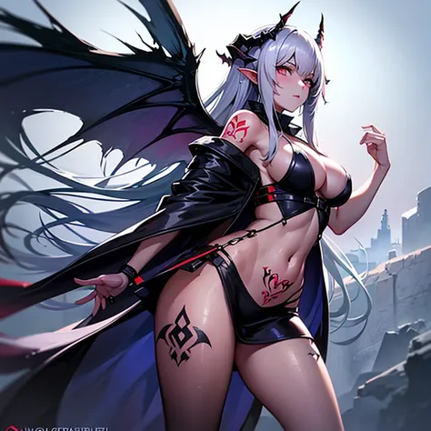 one girl, Succubus, womb tattoo, horns, arknights, large breasts, succubus tattoo, glowing tattoo, skirt, intricate tattoo,