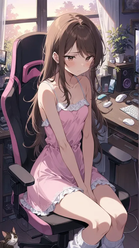  (Masterpiece, best quality), intricate details, JK,, close up, disappointed expression, (brown eyes), long sidelocks, very long brown hair with teal highlights, gaming headset, sitting on chair in front of computer desk, gaming chair, hands between legs, ...