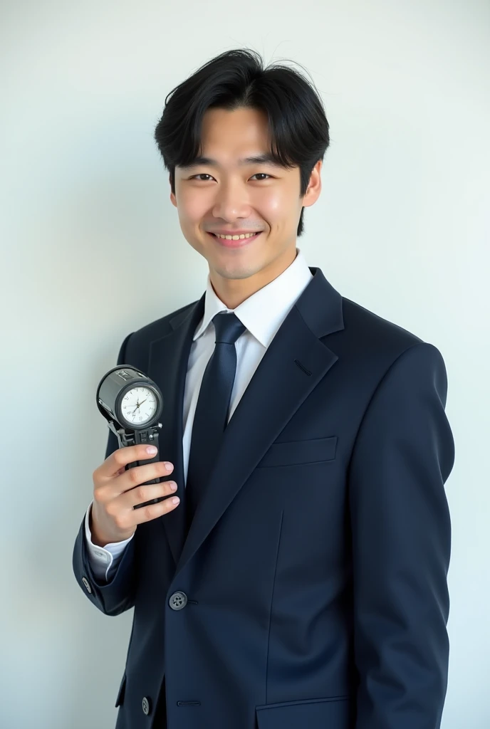 33-year-old Japanese man,japanese,Small face, portrait, model, side part hair, black hair, navy suit, tie,Specialized Equipment,Professional equipment , white wall background,Rin々A funny expression