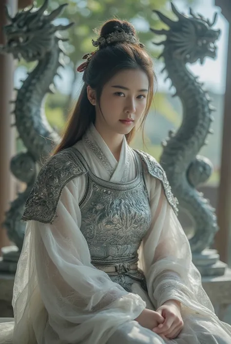 An ancient Chinese female warrior has a very beautiful face, (Zhao Liang Ying ),  smooth white ,Wear shiny antique warrior armor and silver-embroidered lace,Shiny hair ornaments ,  sat on a stone pedestal in the center, ,  has a double-sided marble castle ...