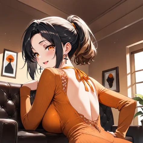 portrait, Forward bending, Bewitching expression, seductive smile, hand on hip, Mole under the eye, abstract, very cute face, cute girl, solo, short hair, ponytail hair, ((Black hair with brown ends)), orange eyes, large breasts, virgin killer black shirt,...