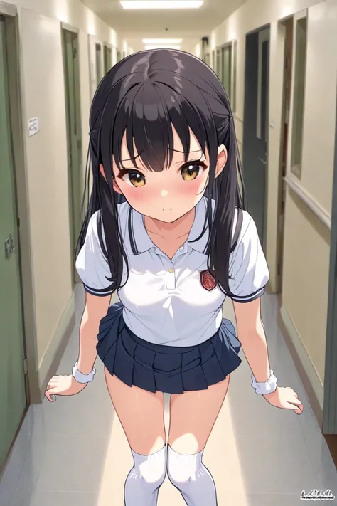 cute, , girl, Junior high school student, black hair, long hair, school uniform, white polo shirt, miniskirt, white high socks, medium bust, (((loli))), School corridor, ((white panty)), ((Skirt flipped up)), ((Panty shot)), (blush)