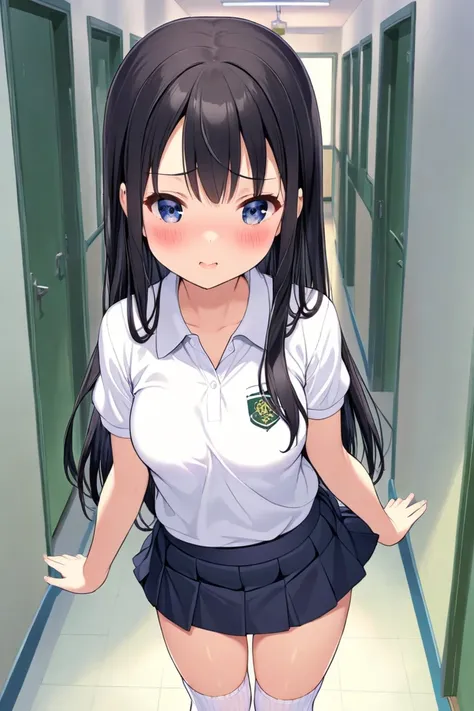 cute, , girl, Junior high school student, black hair, long hair, school uniform, white polo shirt, miniskirt, white high socks, medium bust, (((loli))), School corridor, ((white panty)), ((Skirt flipped up)), ((Panty shot)), (blush)