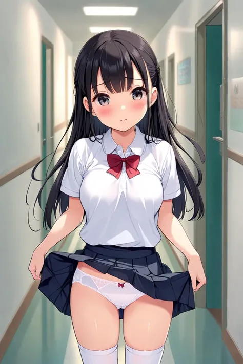 cute, , girl, Junior high school student, black hair, long hair, school uniform, white polo shirt, miniskirt, white high socks, medium bust, (((loli))), School corridor, ((white panty)), ((Skirt flipped up)), ((Panty shot)), (blush)