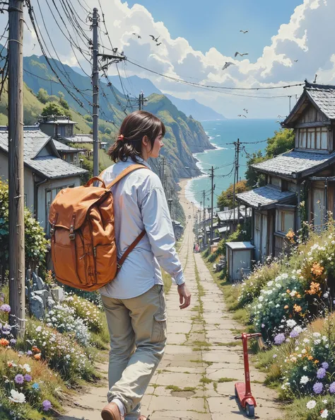A serene coastal village on a bright, sunny day, filled with vivid details. In the foreground, a young person with messy, shoulder-length brown hair walks slowly beside a sleek red kick scooter on a narrow dirt path. They wear a loose, slightly wrinkled wh...