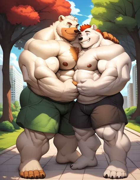 2boys, duo, hug, a man with big giant muscle tall body, furry white bear, white fur, polar bear, smile, happy, topless, shirtless. full body, standing, solo, very big, very tall, very muscular,chest scar, shorts, park, nipples