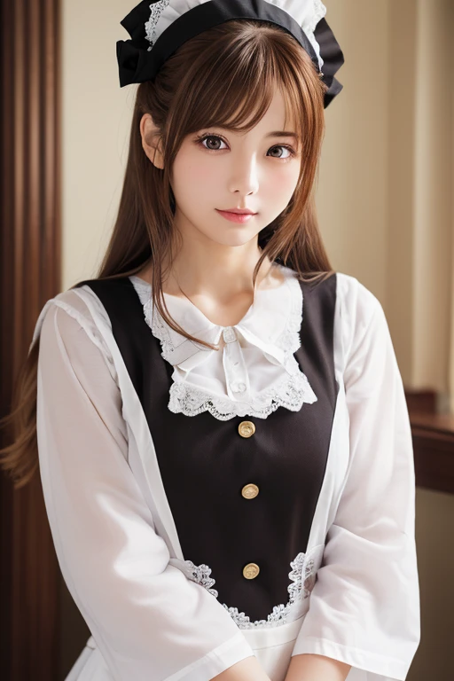 highest quality, masterpiece, 8k, Ultra-high resolution, (Realistic: 1.4), 1 girl, Beautiful Face, Symmetrical eyes, big, Perfect Body Proportions, ((Long Hair))、((Brown Hair:1.5)), Maid、((ゴスロリ風Maid服:1.4)), Viewer&#39;sight, ((Coffee shop、Blurred Backgroun...