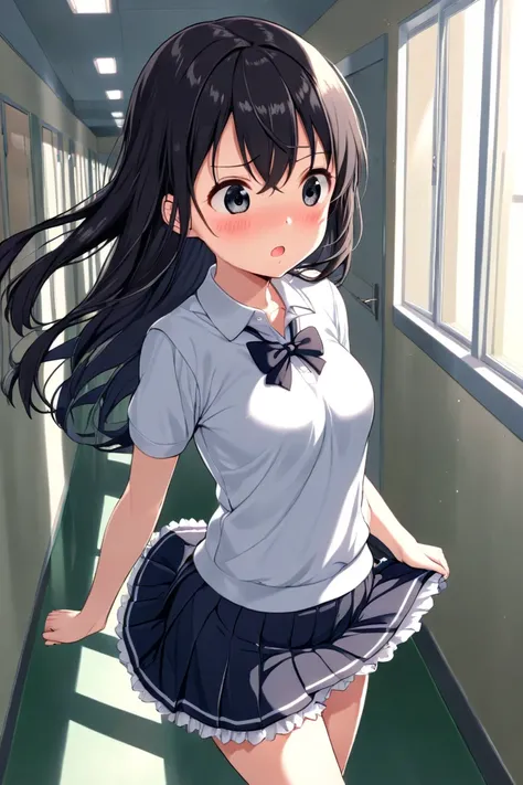 cute, , girl, Junior high school student, black hair, long hair, school uniform, white polo shirt, vest, miniskirt, white high socks, medium bust, (((loli))), School corridor, ((white panty)), ((The wind blows up skirt), ((Panty shot)), (blush)