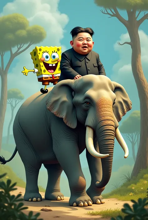 Spongebob on an elephant with Kim Jong-un