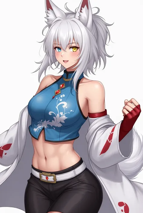 Adult woman, older woman, mature, fantasy, short white hair, long ponytail, wild hair, parted bangs, blue eye, yellow eye, white fox ears, white wolf tail, diamond shaped jewel in forehead, backless blue chinese shirt, design on shirt, white belt, black sh...