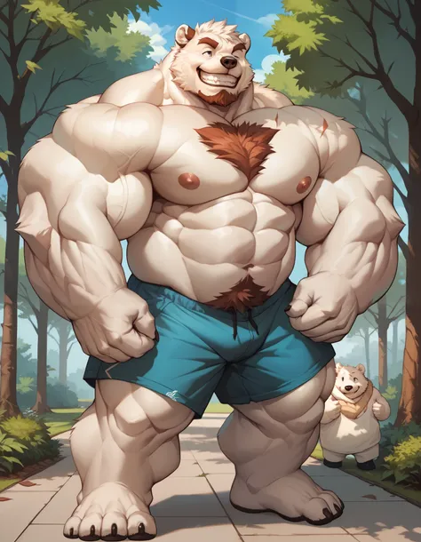 a man with big giant muscle tall body, furry white bear, white fur, polar bear, smile, happy, topless, shirtless. full body, standing, solo, very big, very tall, very muscular,chest scar, shorts, park, nipples