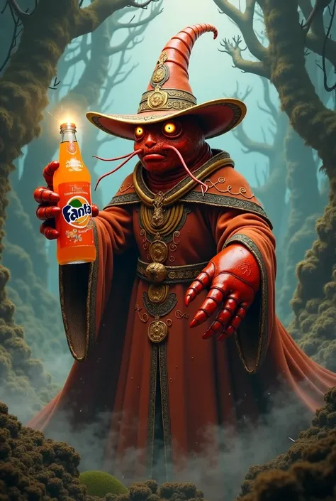 Draw a cute and cuddly lobster dressed as a Merlin wizard with a bottle of Fanta between the claws,