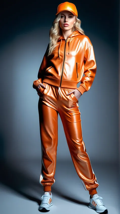 realistic photo, full body shot, intimidating, stunningly beautiful gorgeous young woman, shiny apricot leather cap, athletic shiny apricot leather tracksuit, shiny apricot leather sneakers, blond, ultra HD, cinematic, ultra realistic, dramatic lighting