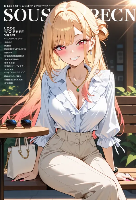 Marin Kitagawa, loose half-up hairstyle tied with a ribbon, strands softly framing her face, blonde hair, light pink ombre hair, red eyes, earrings, delicate gold necklace, relaxed white silky blouse with top buttons undone, stylish high-waisted beige line...