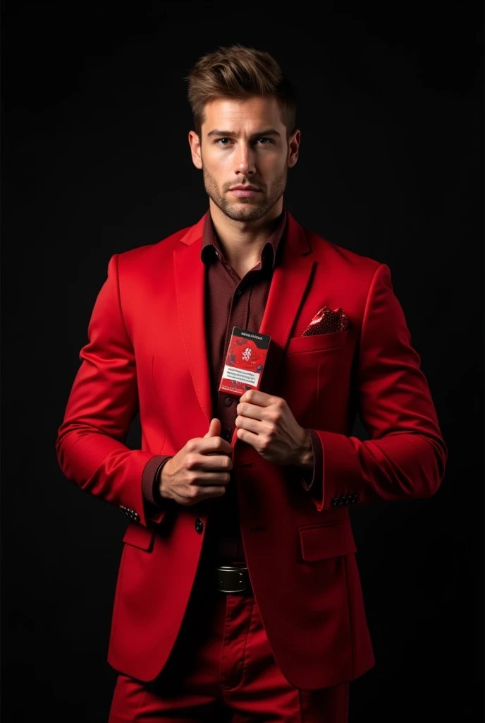 make one man a male model ,using red color holiday clothes for vape flavoring product promotion, use studio photoshoot with black background