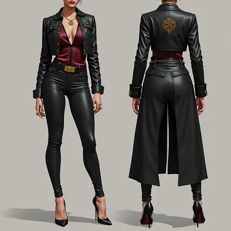 Here's a design for a mafia female boss outfit:

**Outfit Design:**

- **Jacket:** A sleek black leather jacket with subtle gold accents and a tailored fit. The jacket is slightly cropped at the waist, showing off a high-waisted pair of pants. It features ...