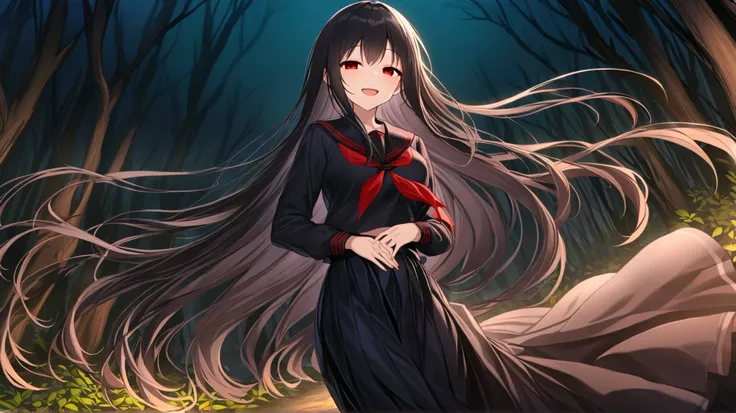 Single girl, Black serafuku, black hair, very long hair, red eyes, black skirt, light smile, long skirt, happy, masterpiece, beautiful, mysterious night river background, serafuku skirt, clothes Covering the stomach, dark fall forest, Skirt fluttering in t...