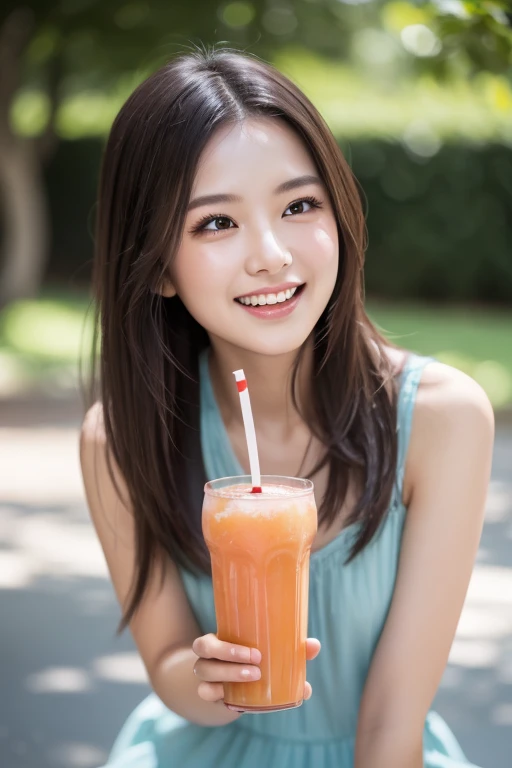   holding canned juice ,  laughs,  happy,  long hair,  straight hair,  Fine Skins ,  daytime, Hot summer day, Natural lighting,  detailed color:1.2,  sharp concentration,  Hasselblad pictures, Masterpiece,  light makeup,   cinematic lighting , 4K,  best qu...