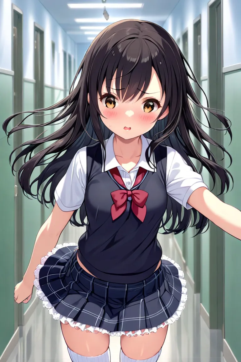 cute, , girl, Junior high school student, black hair, long hair, school uniform, white polo shirt, vest, miniskirt, white high socks, medium bust, (((loli))), School corridor, ((white panty)), The wind blows up skirt, (((Panty shot))), (blush)