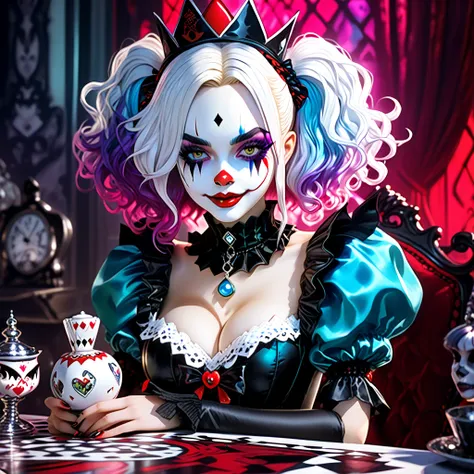 a close up of a person sitting on a table with a doll, alice in wonderland cyberpunk, goth clown girl, portrait of jinx from arcane, ever after high, alice x. zhang, shalltear from overlord, creepy clown girl, high detailed official artwork, like alice in ...