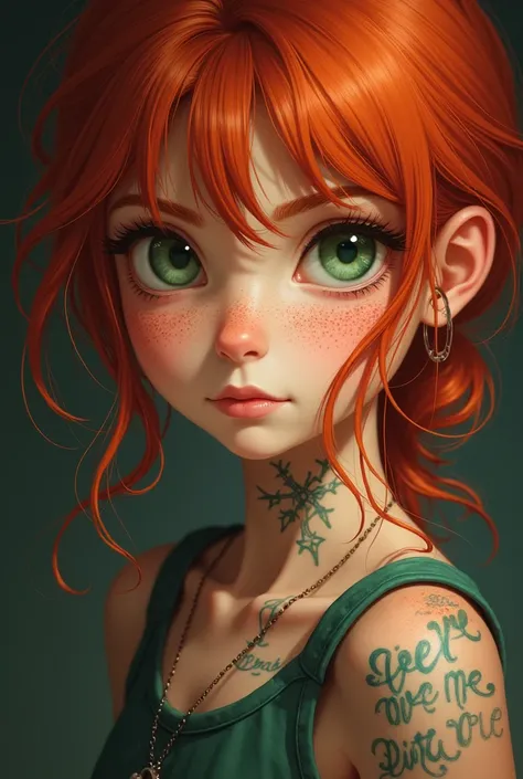 A red-haired girl with green eyes, freckles and a tattoo on her neck ,  a boy with brown hair and blue eyes with a tattoo on his hand ,  A red-haired boy with freckles and green eyes,  boy with cinnamon skin brown eyes and dark curly hair , a blond boy wit...