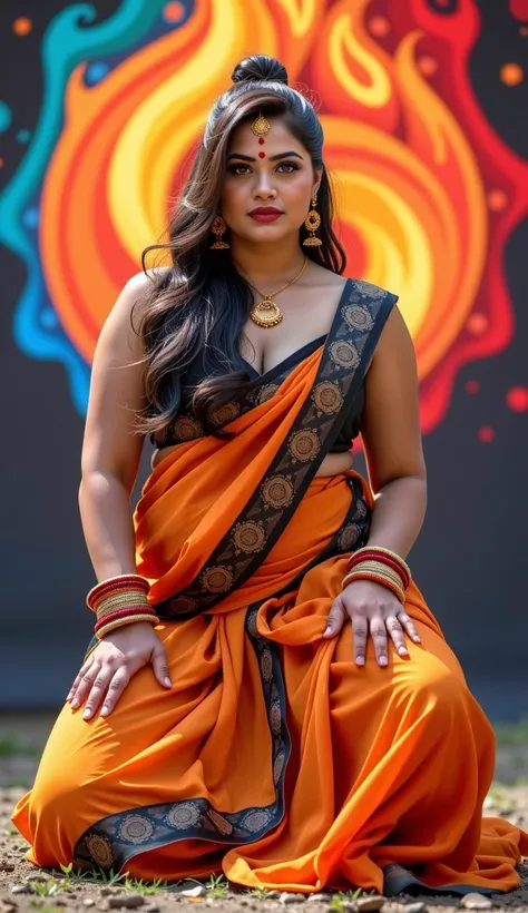 The vibrant colors of his robes and the intricate patterns adorning HER body ,  rgb colour water circle fire background. The realism of the image is striking, bright light A powerful Indian young tantric woman AUNT PORTRAIT,. EYE OPEN,   SHOWING VERY BIG B...