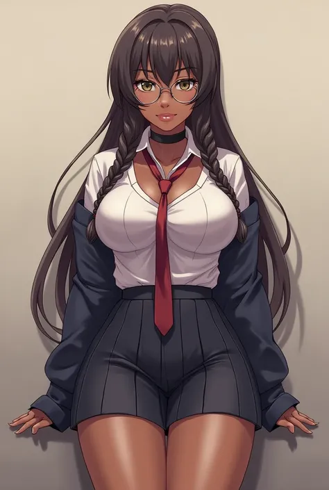 anime, dark skinned girl, detailed, shy, very detailed, schoolgirl uniform, huge tits, thick thighs, huge ass, blushing, glasses, braids in hair, long hair, realistic features, beautiful hair, gigantic tits(cleavage), full body, tight skirt, tight top, opp...