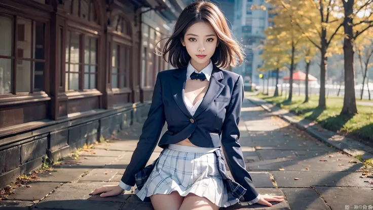 ((High school girls walking in a lakeside park ))、( white blazer)、( white blouse)、 red tie、((Dark blue checked skirt)). 40k,  photos,  Table Top,  top quality, dark grey background, (( beautiful eyes、Girl with light brown short hair, .  white skin,  differ...